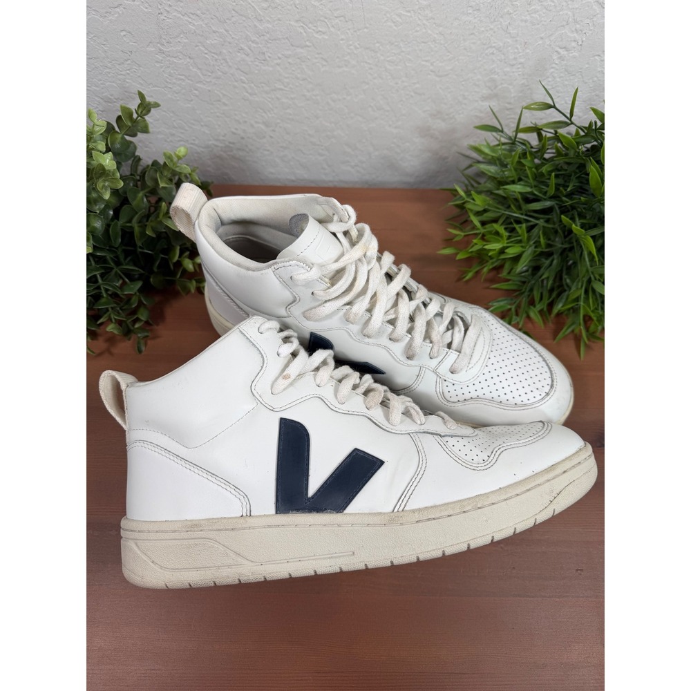 Veja Mens V-15 White Navy Leather High Top Sneakers Size 10.5